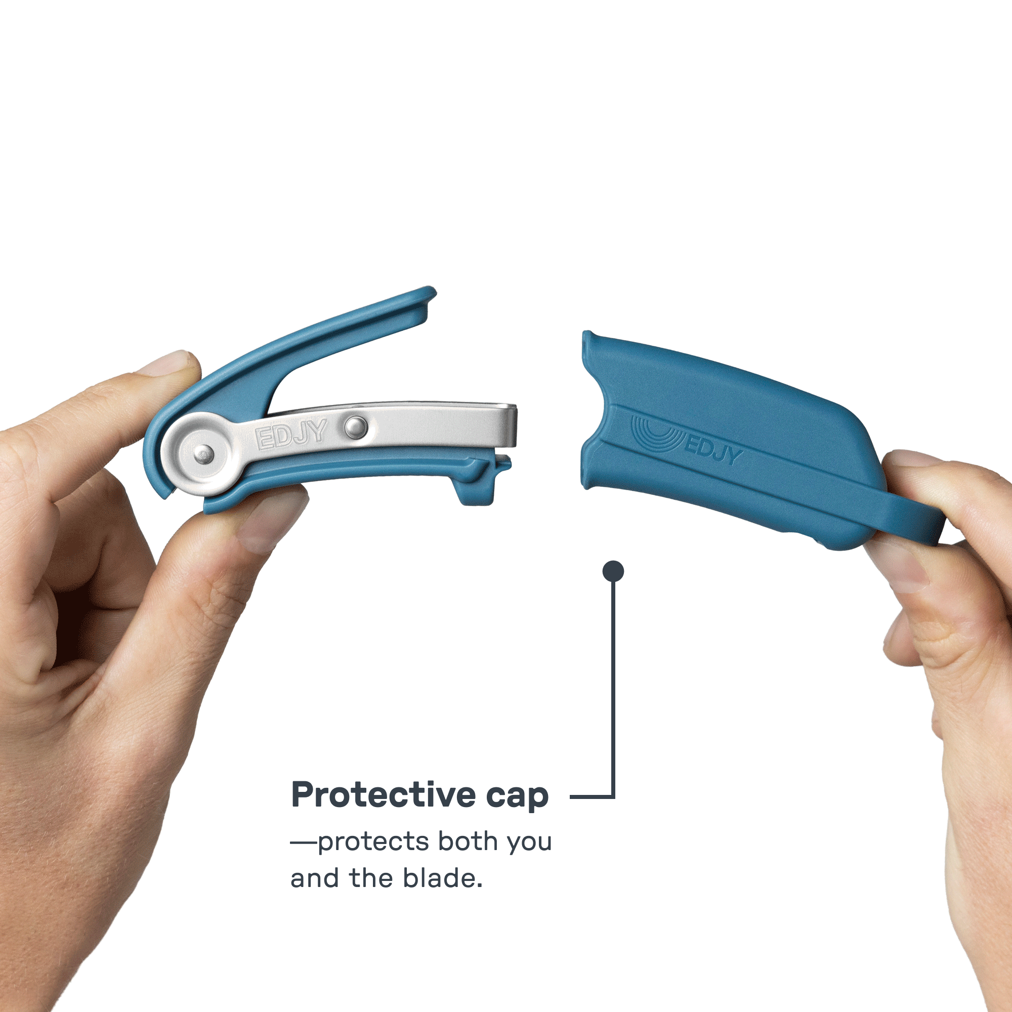 A person removing the protective cap of a teal EDJY Toenail Cutter, revealing the sharp blade. 