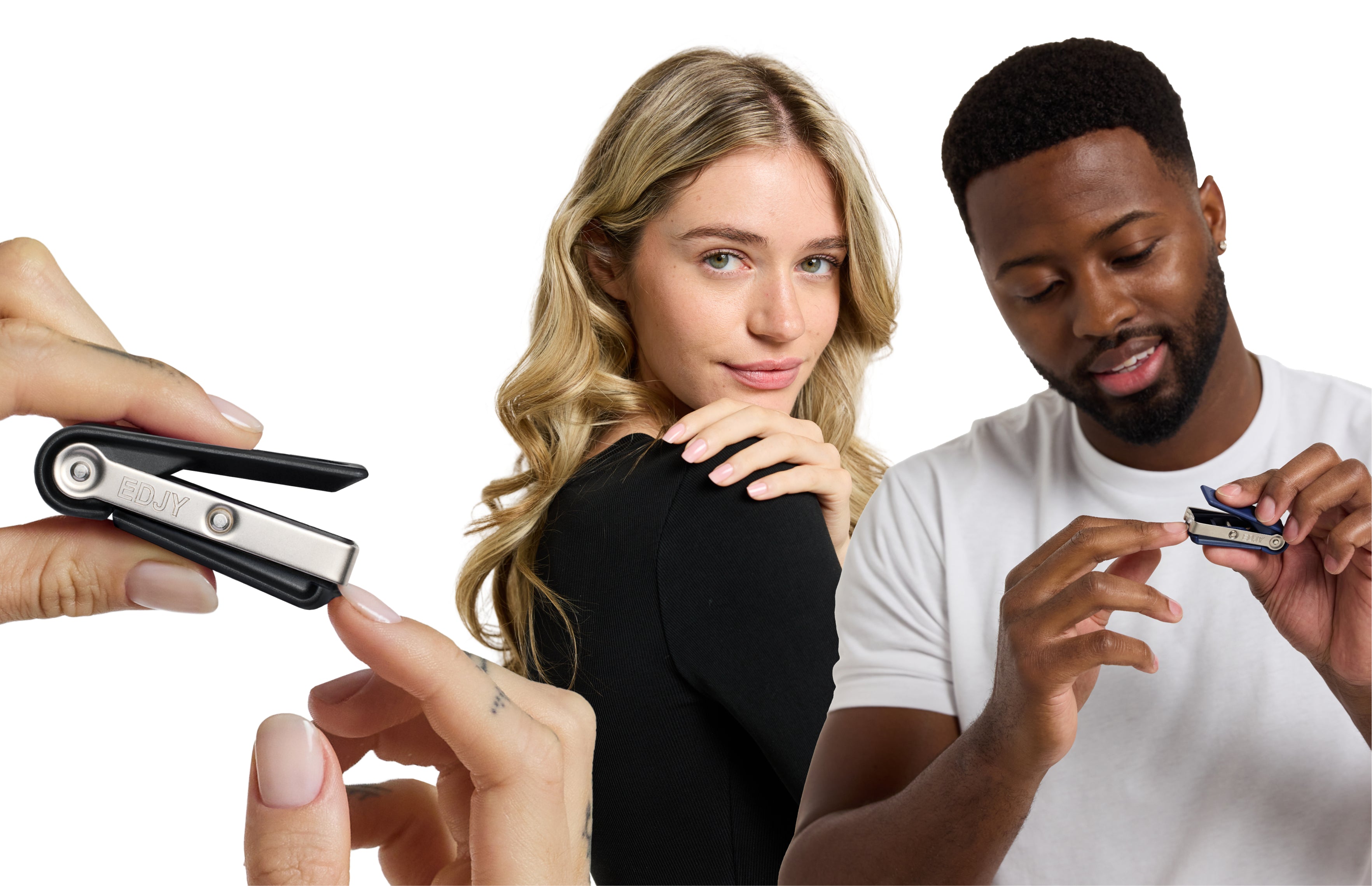 Close-up of a hand trimming nails with a black EDJY fingernail cutter, with a man and woman in the background