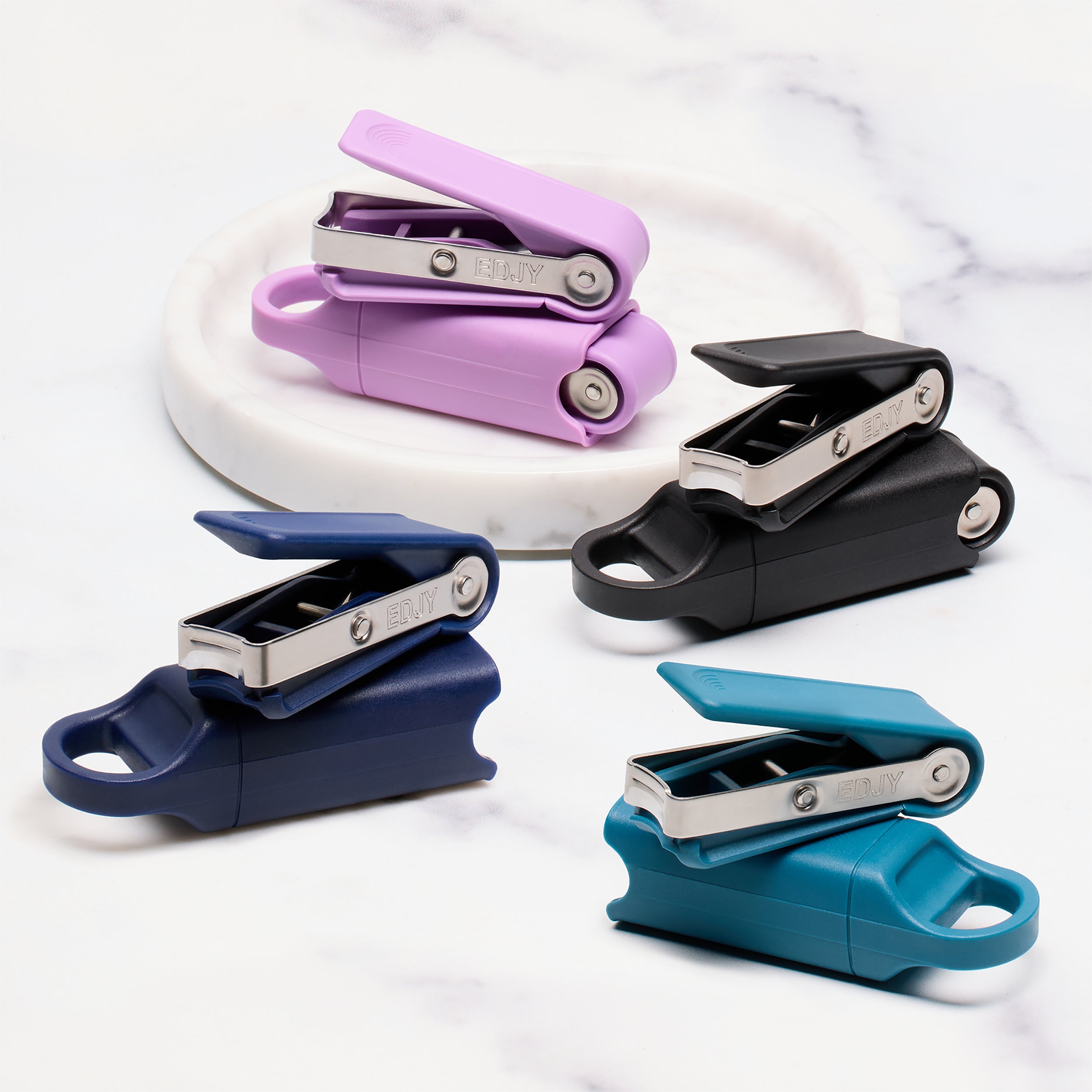 EDJY Fingernail Cutters on a Bathroom Counter