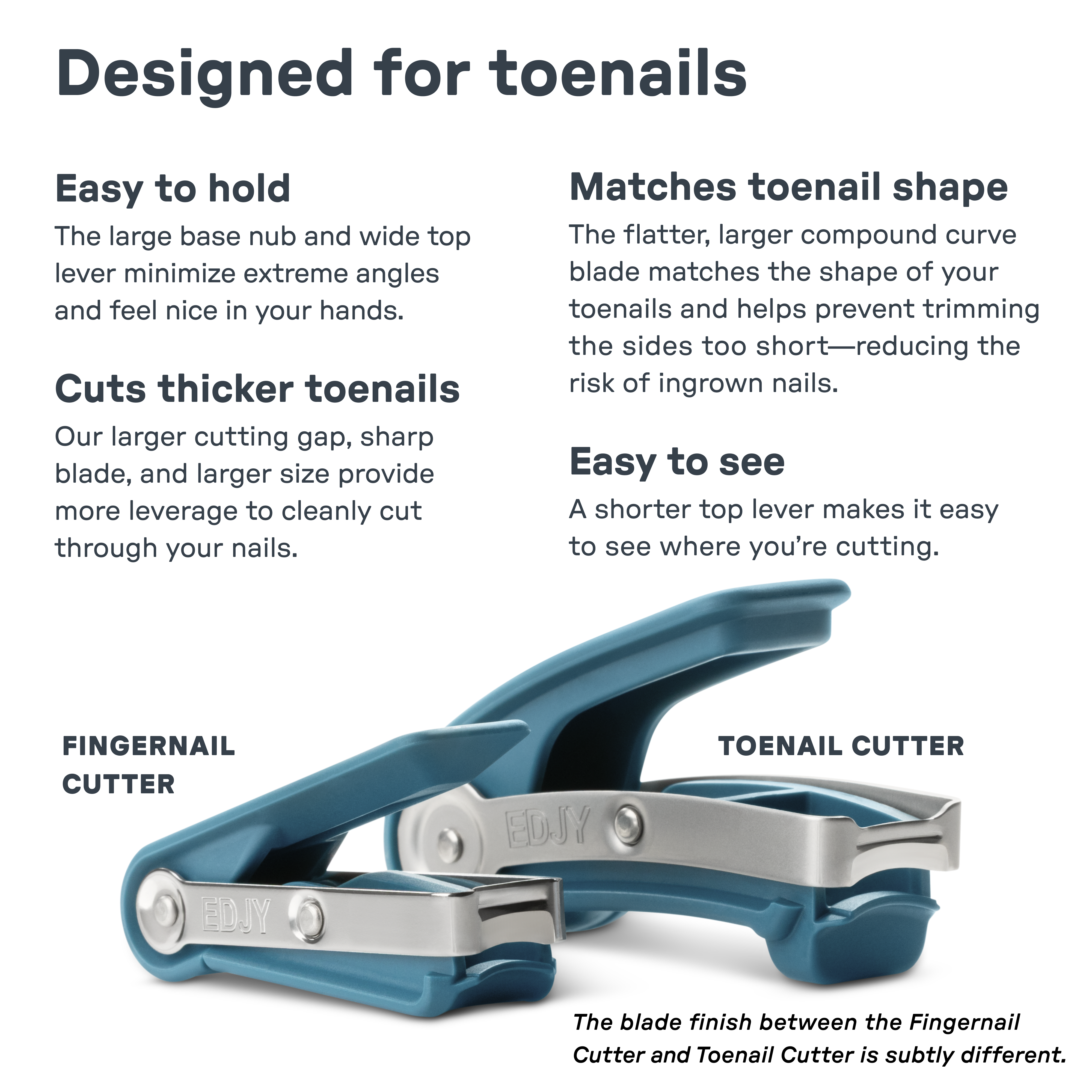 Side-by-side comparison of an EDJY fingernail cutter and toenail cutter, highlighting size and design differences.